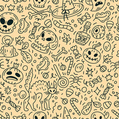 Halloween seamless pattern with cat, sweets, pumpkins, autumn leaves, bones and spiders