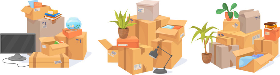 Stack home boxes. Moving house many cardboard box for storage family stuff clothes furniture, carton parcel packing move relocation new apartment office, neat vector illustration