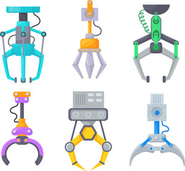 Mechanical claw toy. Grabbing machine tool robotic grabber or industrial factory crane robot metal arm grab cable machinery grip arcade game prize, cartoon neat vector illustration