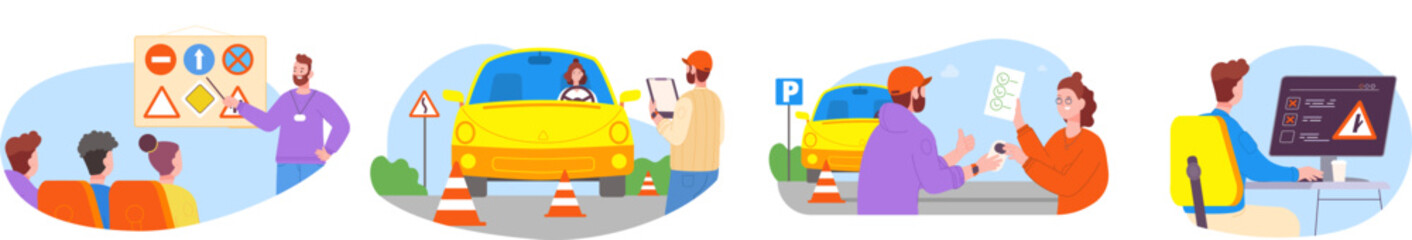 Driving lesson. Drive school tests, student driver exam on road drive instructor training car license auto practice, online education rules street