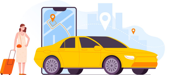 Cabs service application. Woman waiting taxi car route in airport location, mobile app service online city cab travel delivery transport auto traffic, splendid vector illustration