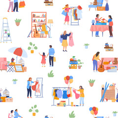 Fototapeta premium Flea market pattern. Advert selling swap second hands clothing, shopping used goods jewelry books fabric secondhand clothes, fair sale seamless backdrop, swanky vector illustration