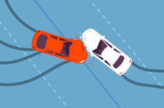 Car Accident Top View. Two Crash Cars Above, Road Traffic Collision Angle Intersection Speed Street Driving Auto Insurance Damage Body Vehicle