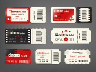 Realistic cinema tickets. 3d movies ticket mockup, present certificate admission on movie festival event entry coupon in theater, isolated barcode template tidy vector illustration