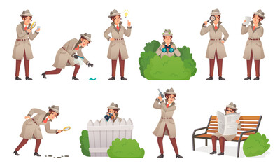 Detective woman. Cartoon sleuth mystery girl female inspector with magnifying glass look evidence secret agent character police surveillance detectice ingenious vector illustration