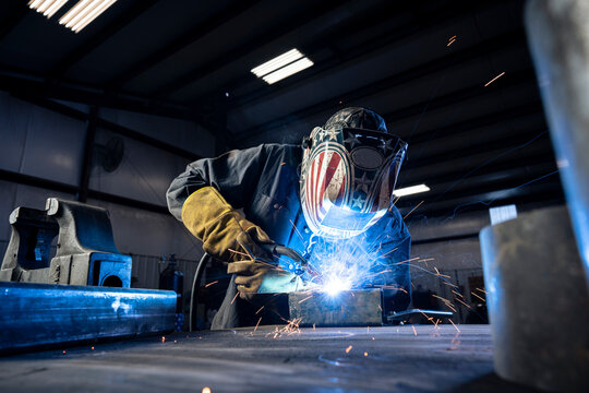 Welder Mig Tig Welding With Welder's Helmet Red White and Blue All American Trades Blue Collar Sparks Gloves Shop