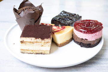 chocolate cake with cherry and cheesecake