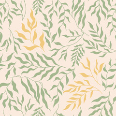 Vector botanical seamless pattern with green and yellow branches, leaves isolated on white background.