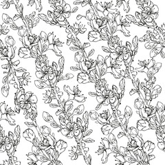Seamless pattern with cherry flowers. Endless background with blooming cherry branches. Hand-drawn pattern for textile.