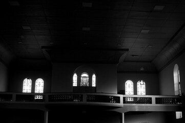 Black and white photography from inside the church