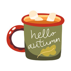 Cup of cacao with marshmallows decorated with leaf and Hello autumn lettering