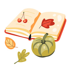 Autumn ilustration with an open book, pumpkin and leaves