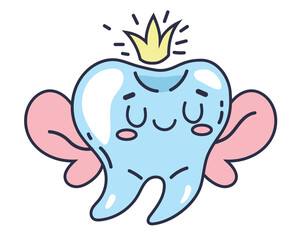 Tooth fairy cartoon character with crown and wings dental isolated line art drawing doodle concept. Vector graphic design illustration