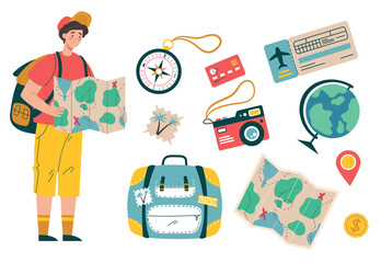 Tourist travel character with vacation tools objects isolated set collection. Vector graphic design illustration