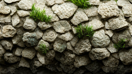 Texture stone wall with vegetation.