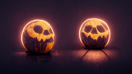 Halloween pumpkins with neon light frame.