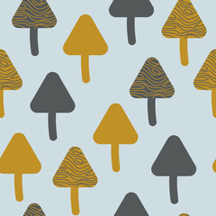 Texture of forest trees and mushrooms. Seamless pattern of decorative gold nature. Modern  design for paper, cover, fabric, interior decor and other users. Vector illustration.