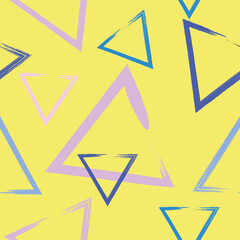 Pastel colorful triangles on the yellow background. Seamless geometric pattern. Abstract background with triangles.