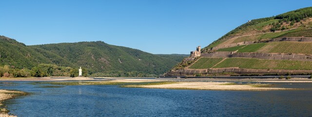 Drought in Germany, low water on Rhine river close to Bingen, Germany