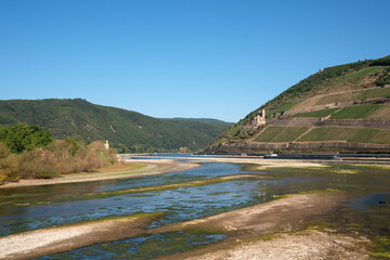 Drought in Germany, low water on Rhine river close to Bingen, Germany