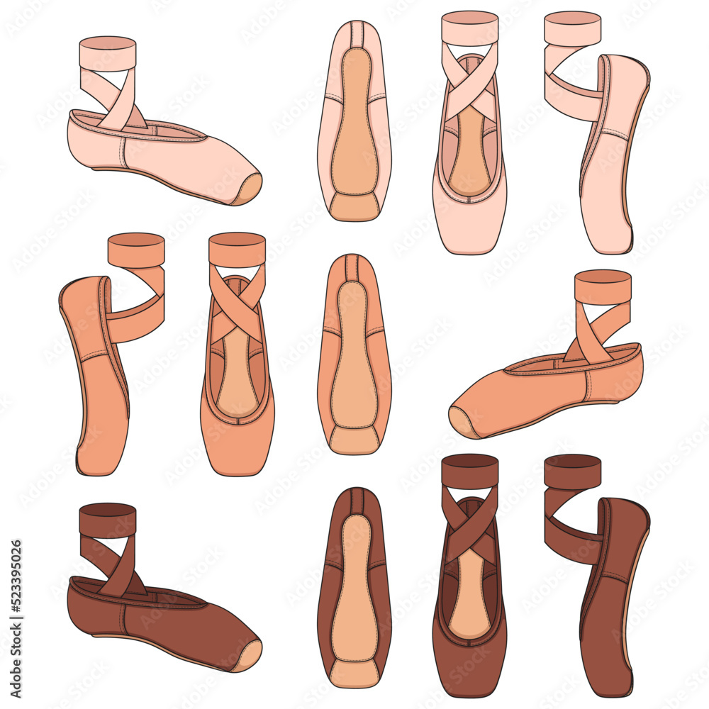 Poster set of color illustrations with pointe shoes, ballet shoes. isolated vector objects on a white backg