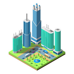 Abstract Isometric 3D City Town Urban Buildings Skyscrapers Park Bridge Cars Vector Design Style
