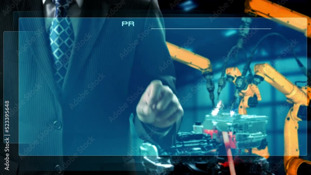 Poster engineer use cybernated robotic software to control industry robot arm in factory . automation manuf