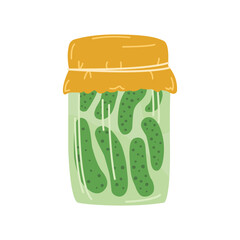 Hand drawn colorful jar of pickled cucumbers doodle style, vector illustration isolated on white background. Preparing food for winter, yellow cover, decorative design element
