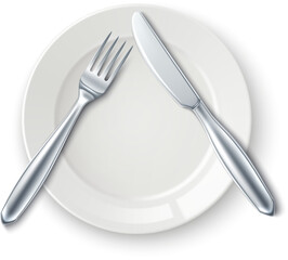 Dining etiquette pause signal. White plate with fork and knife