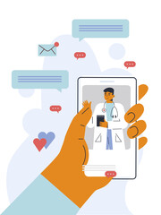 Smartphone screen with male therapist chatting in messenger and online consultation. Ask a doctor Vector flat illustration. Online medical consultation, telemedicine, cardiology. Banner