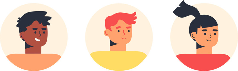 Profile icons set including men and women. People in different avatars. Icons for games, online communities, web forums. Vector illustration in cartoon flat style