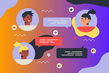 Smartphone with male and female profiles. Friends chatting. New generation. The concept of social networks, virtual relationships. Friends chatting and texting. Vector illustration.