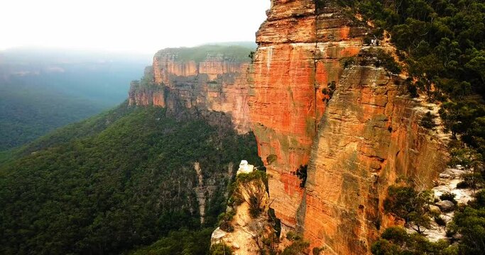 Aerial Panning Scenic Shot Of Tranquil Blue Mountains Against Clear Sky - New South Wales, Australia