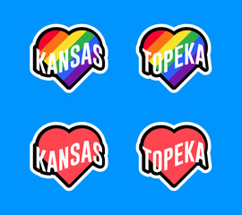 Pride day labels or sticker collection in flat design. Kansas, Topeka red and rainbow LGBT heart stickers. I love Kansas, Topeka. T-shirt design vector.