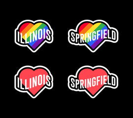 Pride day labels or sticker collection in flat design. Illinois, Springfield red and rainbow LGBT heart stickers. I love Illinois, Springfield. T-shirt design vector.