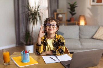 E-learning. Cute schoolboy in eyeglasses raising hand and smiling to camera, studying distantly at home, free space