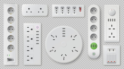 Power strip. Realistic electric elements. 3D white plastic sockets. Triple cable connectors. Switch devices. USB ports. Round and square shape. Electricity energy. Decent vector set - obrazy, fototapety, plakaty
