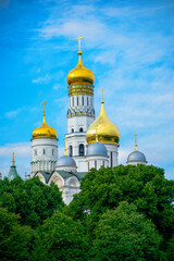 Fototapeta na wymiar The domes of the church are against the backdrop of the blue sky. Architecture of Moscow Kremlin.