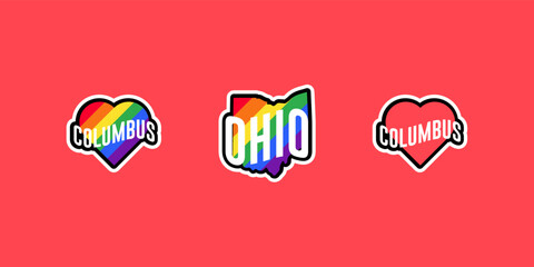 Pride day labels or sticker collection in flat design. Ohio, Columbus red and rainbow LGBT heart stickers. I love Ohio, Columbus. T-shirt design vector. - obrazy, fototapety, plakaty