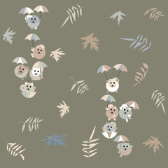 Fototapeta premium a pattern without a background of pomeranian puppies flying on colorful umbrellas