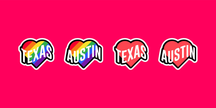 Pride day labels or sticker collection in flat design. Texas, Austin red and rainbow LGBT heart stickers. I love Texas, Austin. T-shirt design vector.