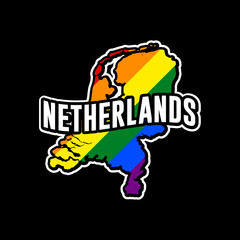 Sticker with LGBT flag map of Netherlands. Vector rainbow map of Netherlands in colors of LGBT (lesbian, gay, bisexual, and transgender) pride flag.