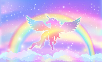 Rainbow background with winged unicorn silhouette with stars.