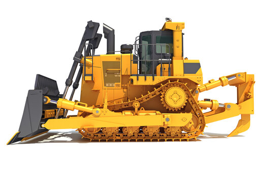 Tracked Dozer heavy construction machinery 3D rendering on white background