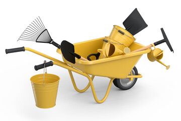 Garden wheelbarrow with garden tools like shovel, watering can and fork on white - obrazy, fototapety, plakaty