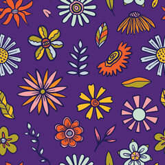 teenage seamless 70s retro floral pattern hippie