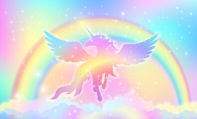 Rainbow background with winged unicorn silhouette with stars. Vector illustration of rainbow and unicorn © Natalia