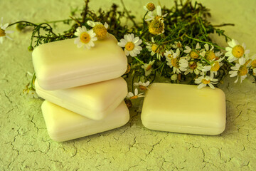 Bar of natural handmade soap and chamomile.