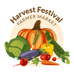 Autumn farmers market banner with vegetables: pumpkins, eggplants, zucchini, tomatoes, beets and other elements. Local food festival design. Agricultural fair. Harvest season. Flat vector.