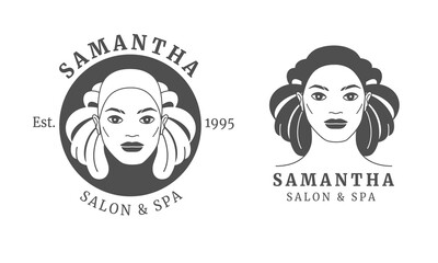 A set of logos with a woman's face and floral and decorative elements. Minimal linear style. Art Nouveau style. Vector emblem and icon for beauty salon, spa, fashion store, cosmetic brand. .